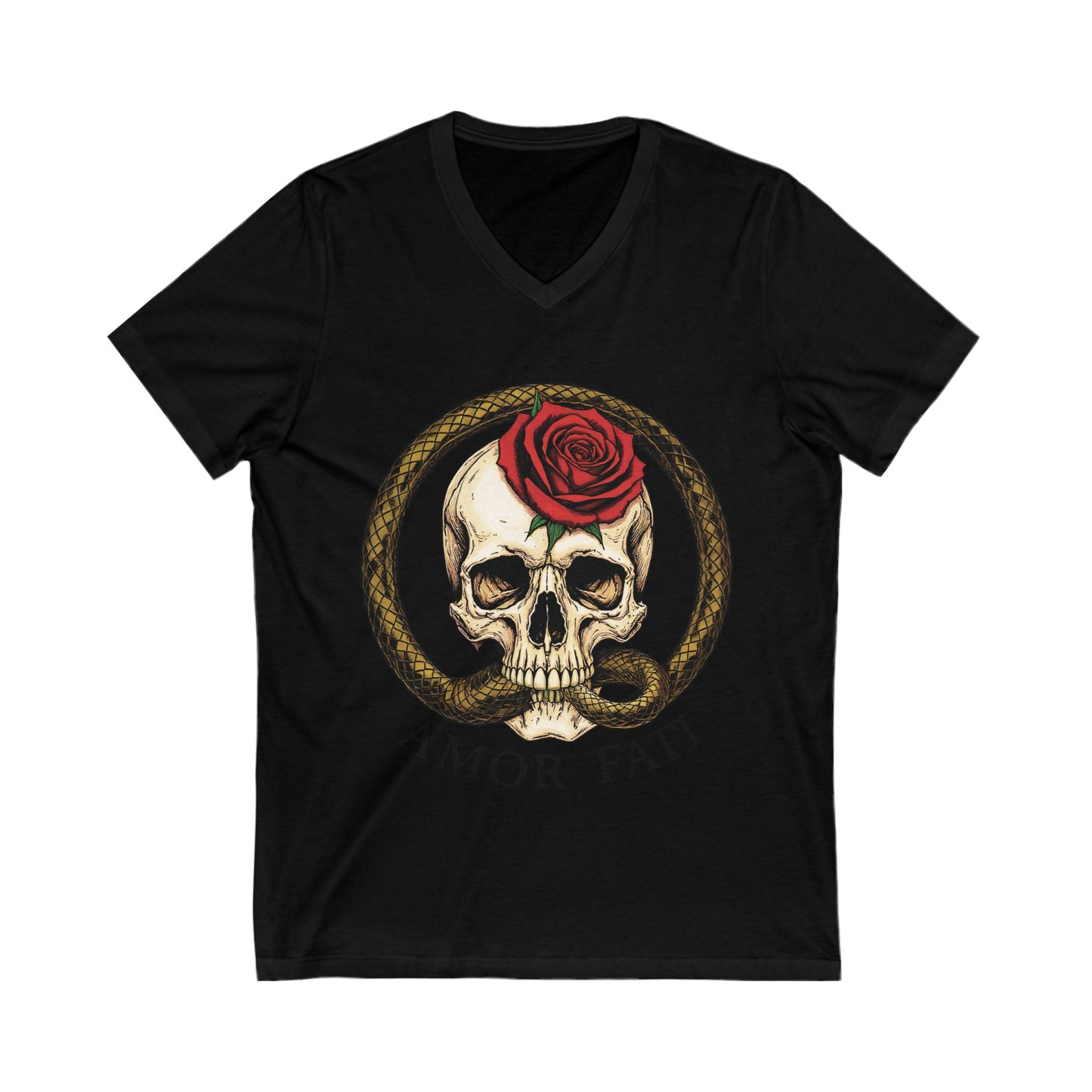 Amor Fati Skull V-Neck T-Shirt – Ouroboros Snake, Red Rose & Memento Mori Design – Stoic Philosophy Tee for Men
