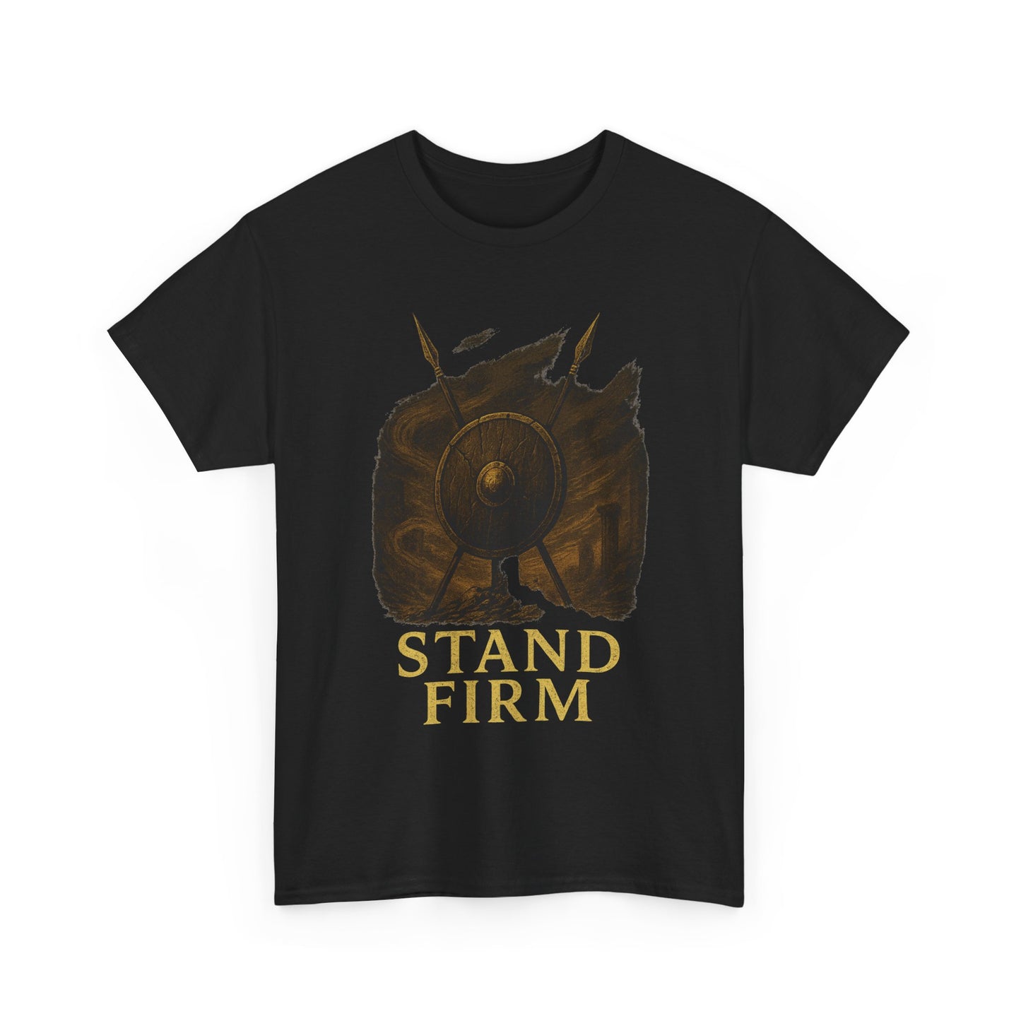 Stand Firm Shield T-Shirt – Stoic Warrior Graphic Tee – Ancient Spear & Shield Symbol Shirt for Men & Women