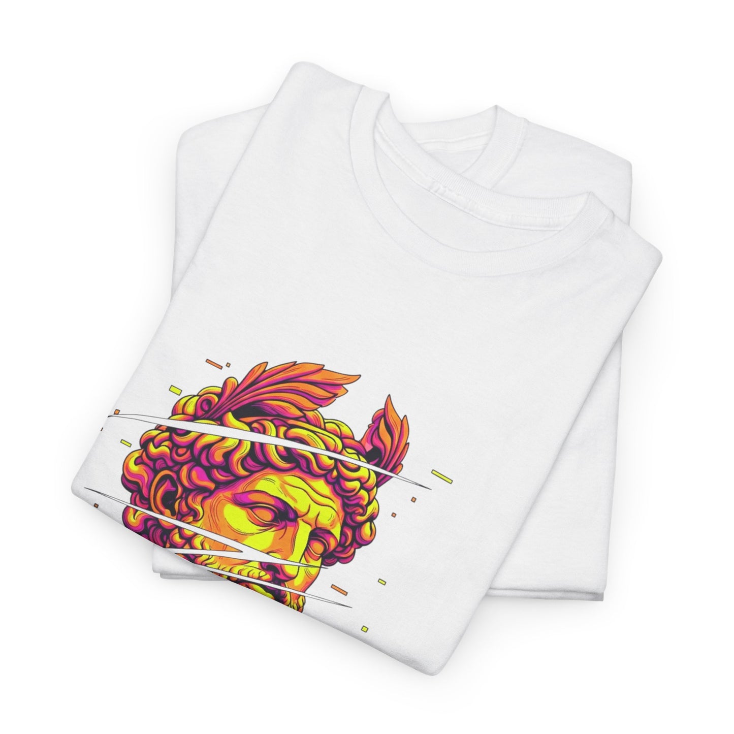 Cyber-Psychedelic Roman God T-Shirt | Glitch Art Neon Aesthetic Apparel | Unique Digital Myth Design | Vibrant Graphic Tee