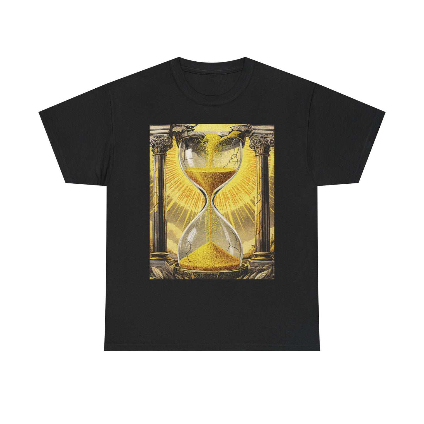 Eternal Sands T-Shirt – Golden Hourglass & Ancient Pillars Graphic Tee for Stoic Minimalist Style