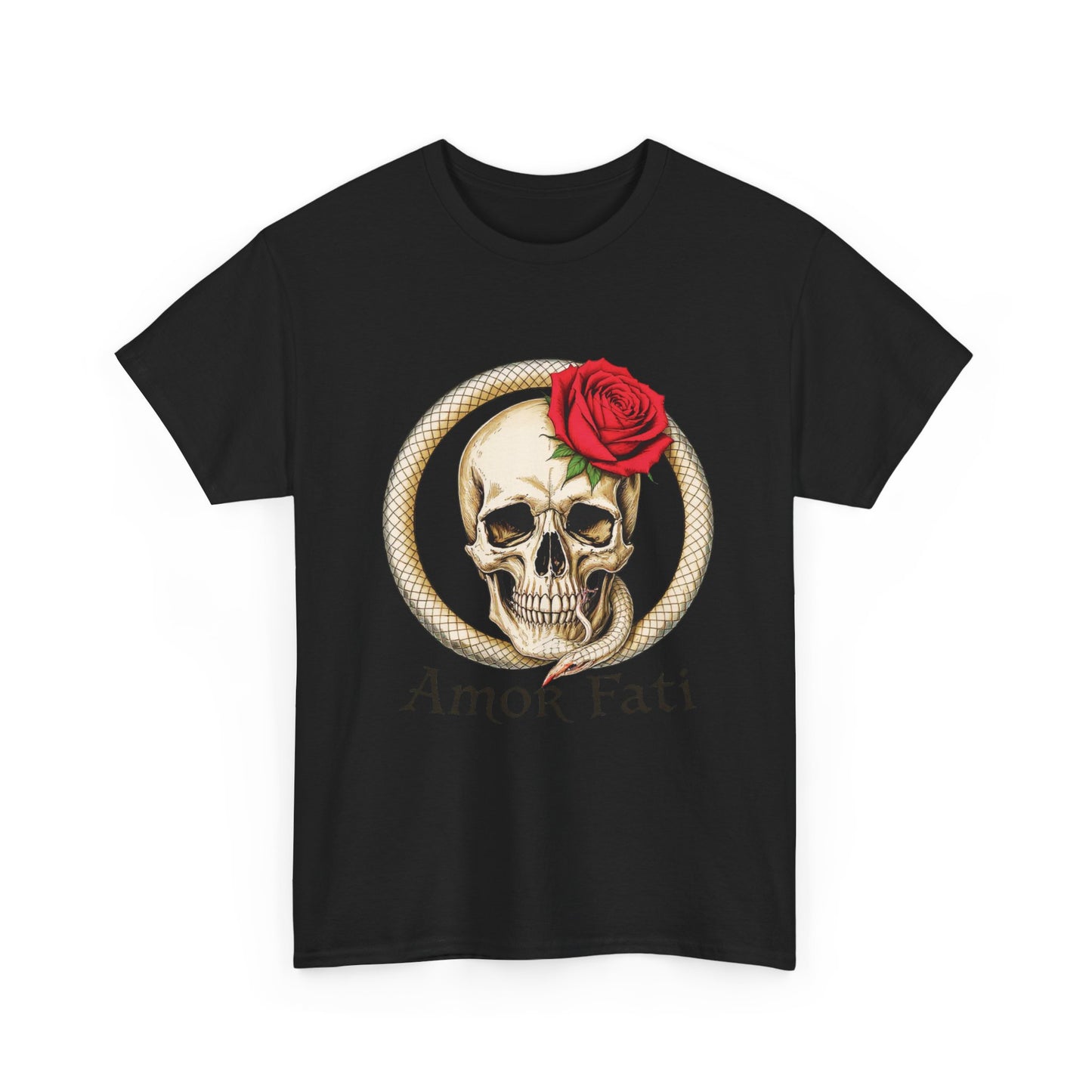 Amor Fati Skull & Rose T-Shirt – Ouroboros Snake Symbol Tee – Stoic Philosophy Graphic Shirt for Men & Women