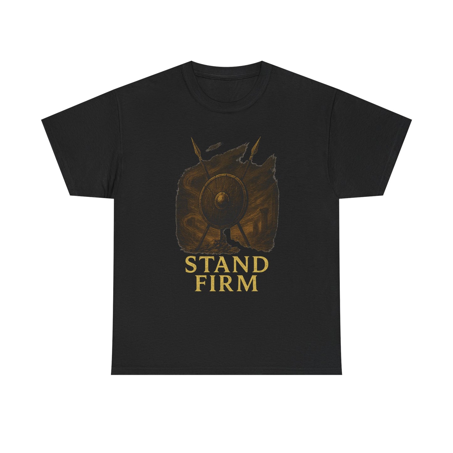 Stand Firm Shield T-Shirt – Stoic Warrior Graphic Tee – Ancient Spear & Shield Symbol Shirt for Men & Women
