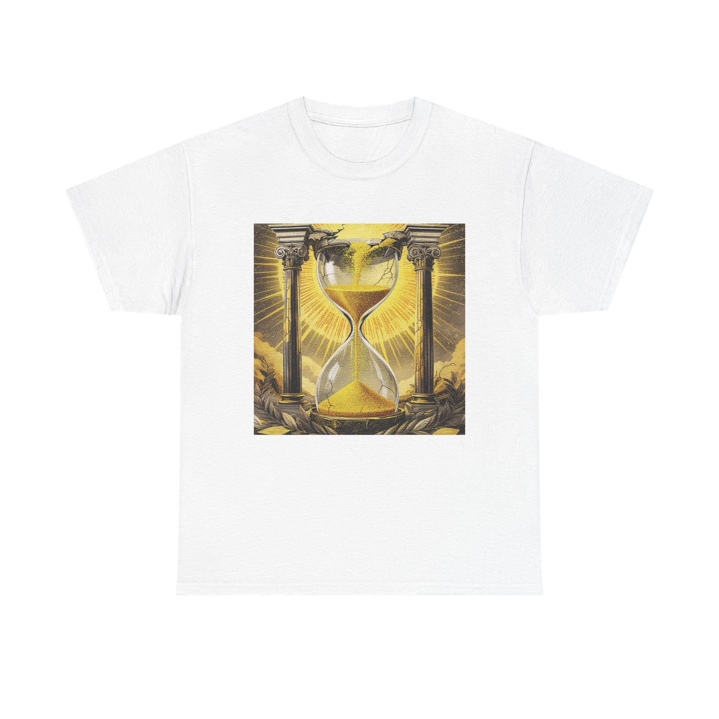 Eternal Sands T-Shirt – Golden Hourglass & Ancient Pillars Graphic Tee for Stoic Minimalist Style
