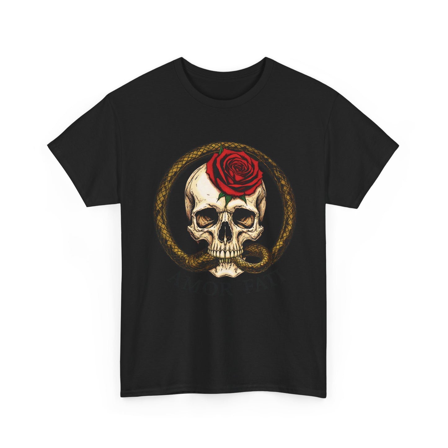 Amor Fati T-Shirt – Skull with Rose & Ouroboros Snake Graphic Tee – Memento Mori Shirt for Stoic Philosophy Fans
