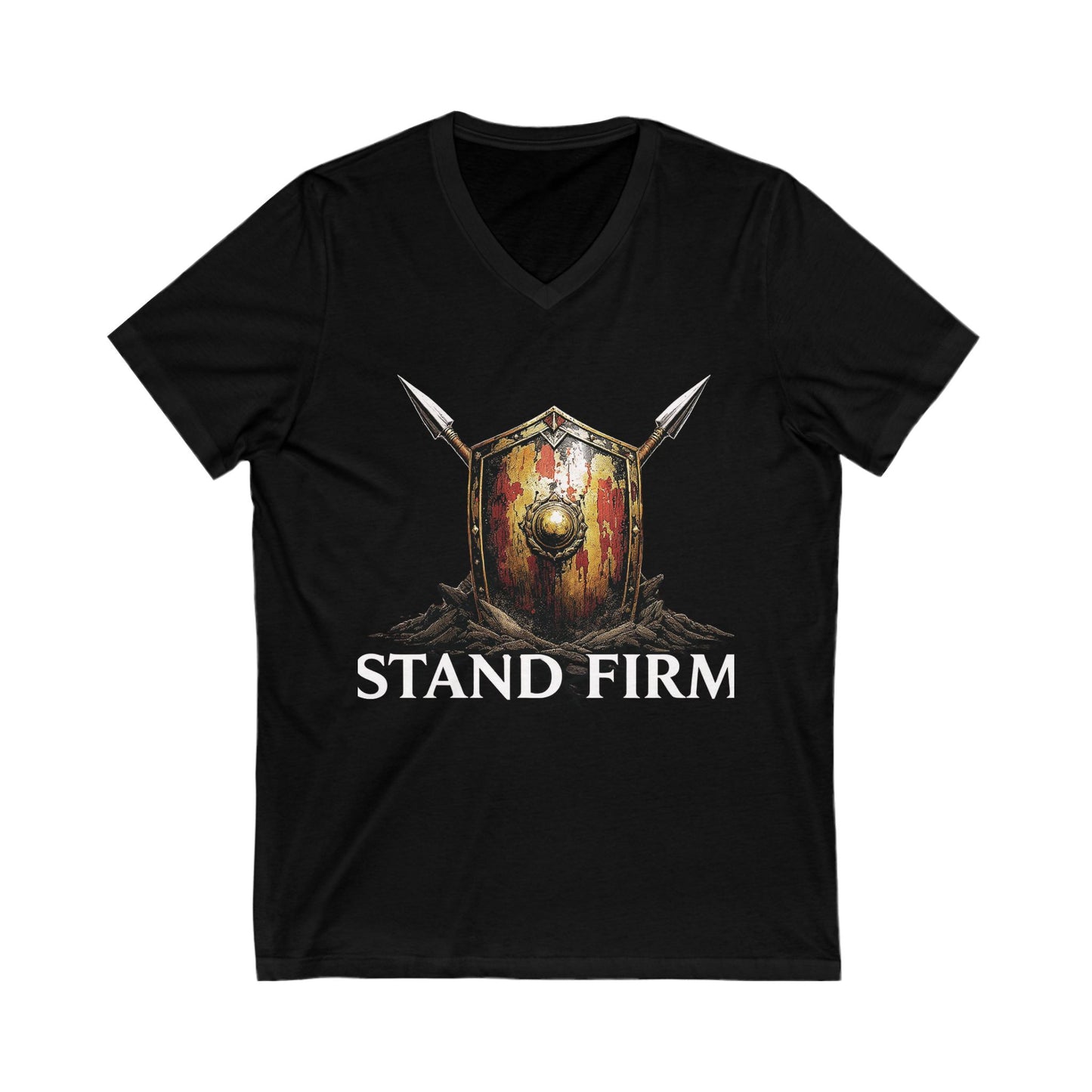 Stand Firm Shield T-Shirt – Men’s Gladiator V-Neck Tee with Spear & Shield Graphic, Stoic Warrior Apparel