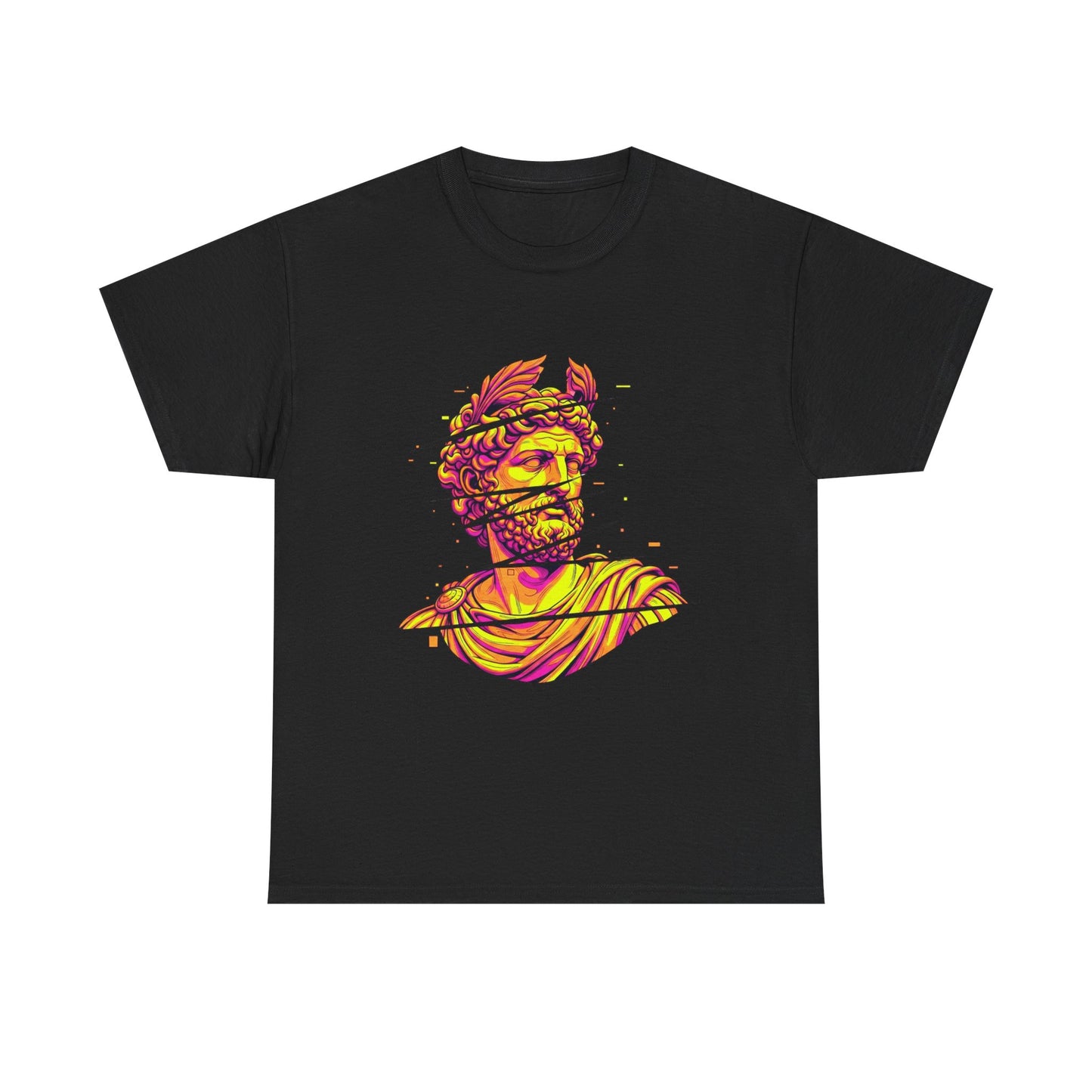 Cyber-Psychedelic Roman God T-Shirt | Glitch Art Neon Aesthetic Apparel | Unique Digital Myth Design | Vibrant Graphic Tee
