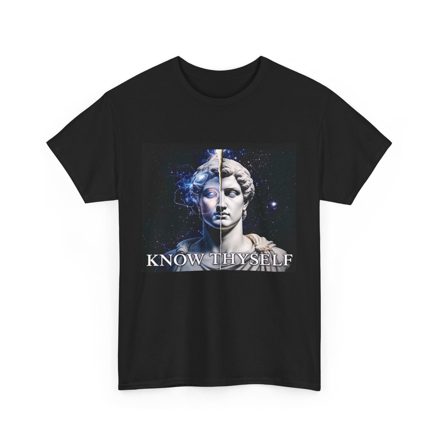 Know Thyself Duality T-Shirt – Split Face Statue with Cosmic Mind – Stoic Philosophy Graphic Tee