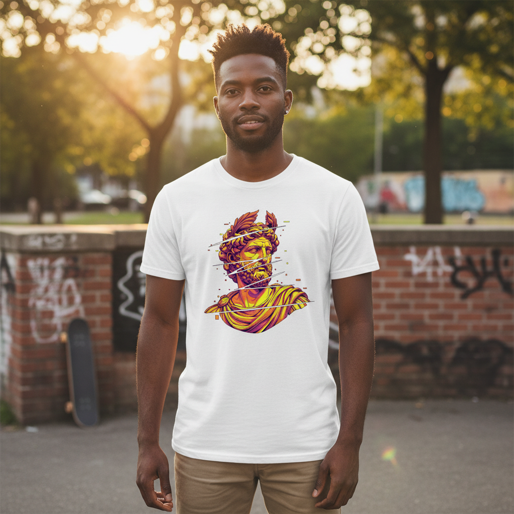 Cyber-Psychedelic Roman God T-Shirt | Glitch Art Neon Aesthetic Apparel | Unique Digital Myth Design | Vibrant Graphic Tee