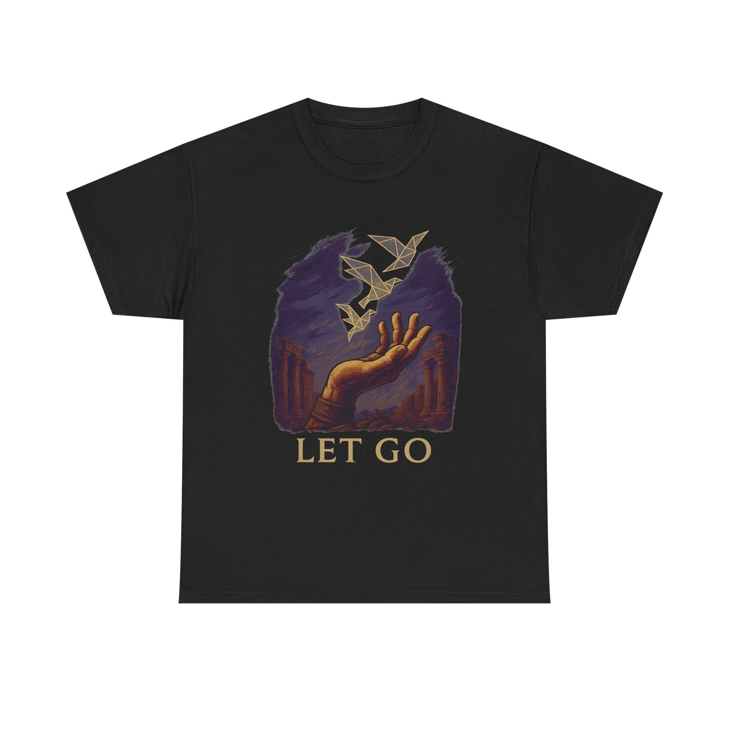 Let Go Stoic Flight T-Shirt – Minimalist Hand and Origami Bird Tee – Ancient Ruins Graphic Shirt for Men & Thinkers