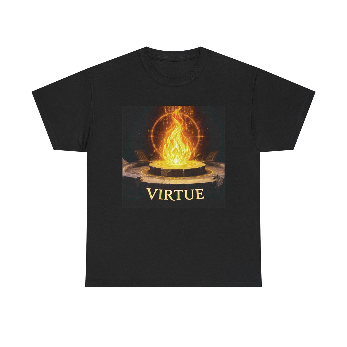 Virtue Flame Circle T-Shirt – Sacred Fire Philosophy Tee – Stoic Torch of Character Graphic Shirt for Men & Women