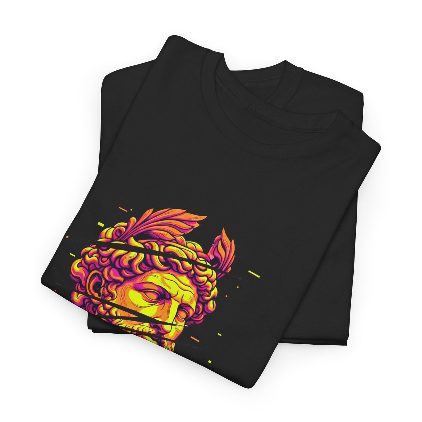 Cyber-Psychedelic Roman God T-Shirt | Glitch Art Neon Aesthetic Apparel | Unique Digital Myth Design | Vibrant Graphic Tee