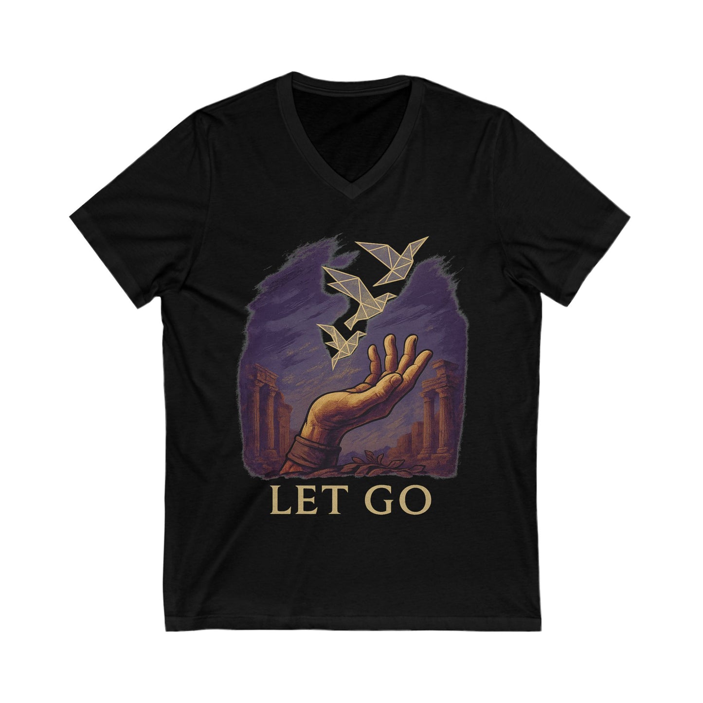 Let Go Origami Dove Warrior T-Shirt – Minimalist Stoic Vibe Tee – Roman Hand Releasing Birds of Freedom