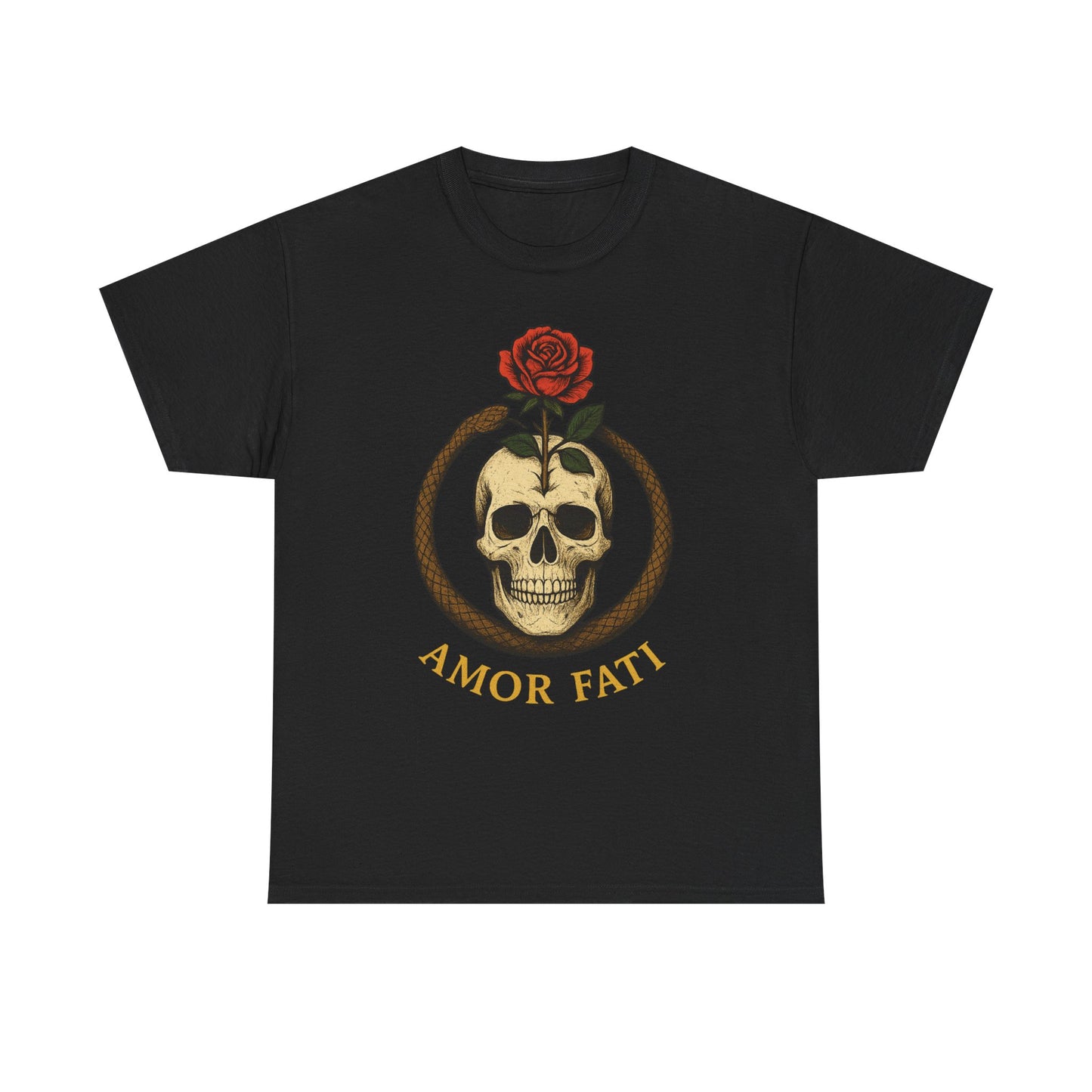 Amor Fati Skull T-Shirt – Stoic Symbol Ouroboros Rose Design Tee – Memento Mori Shirt for Philosophy & Purpose