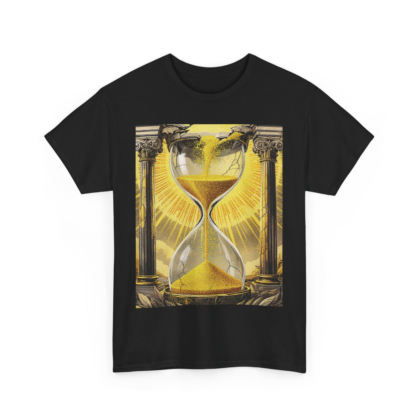 Eternal Sands T-Shirt – Golden Hourglass & Ancient Pillars Graphic Tee for Stoic Minimalist Style
