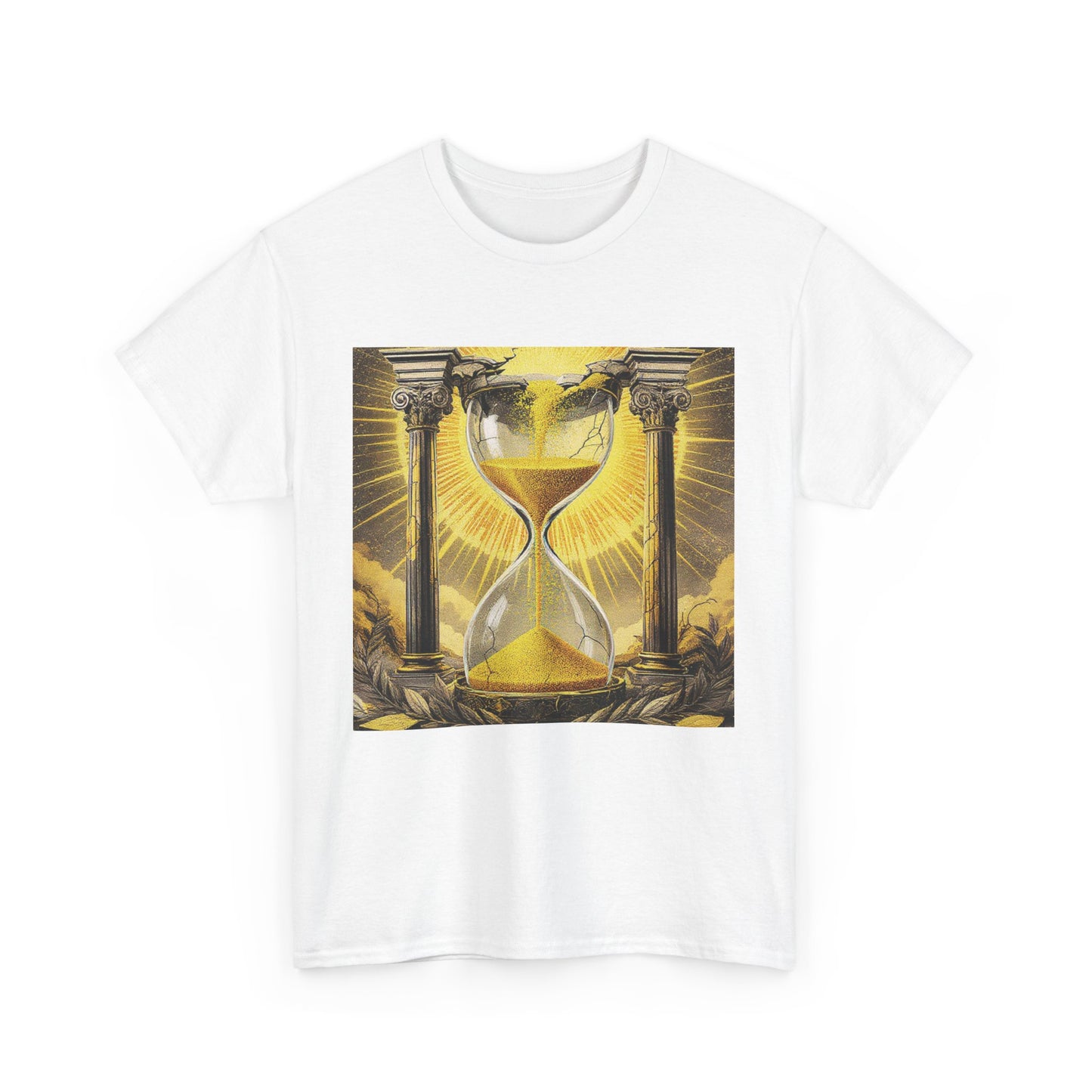 Eternal Sands T-Shirt – Golden Hourglass & Ancient Pillars Graphic Tee for Stoic Minimalist Style