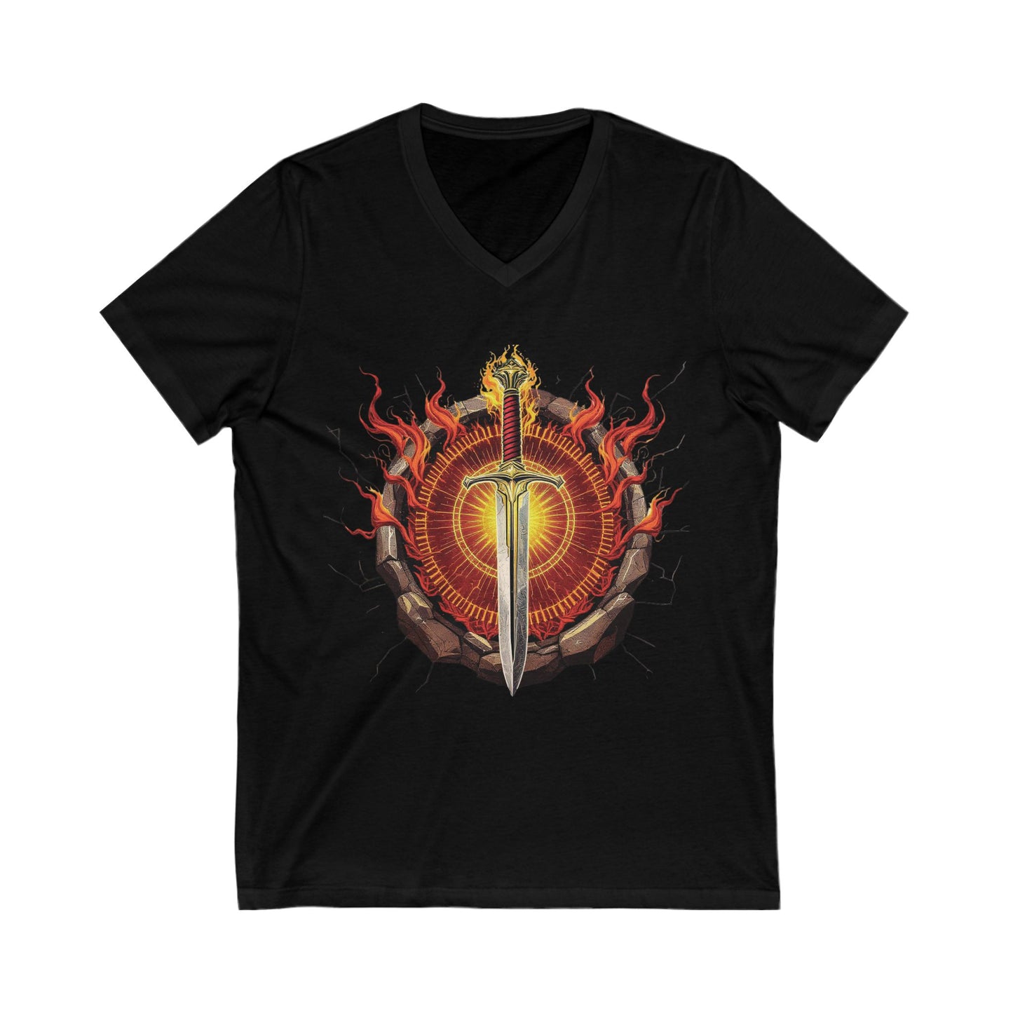 Flamebound Sword V-Neck T-Shirt – Men’s Stoic Warrior Tee, Fire and Blade Symbol Shirt, Fantasy Battle Graphic Top