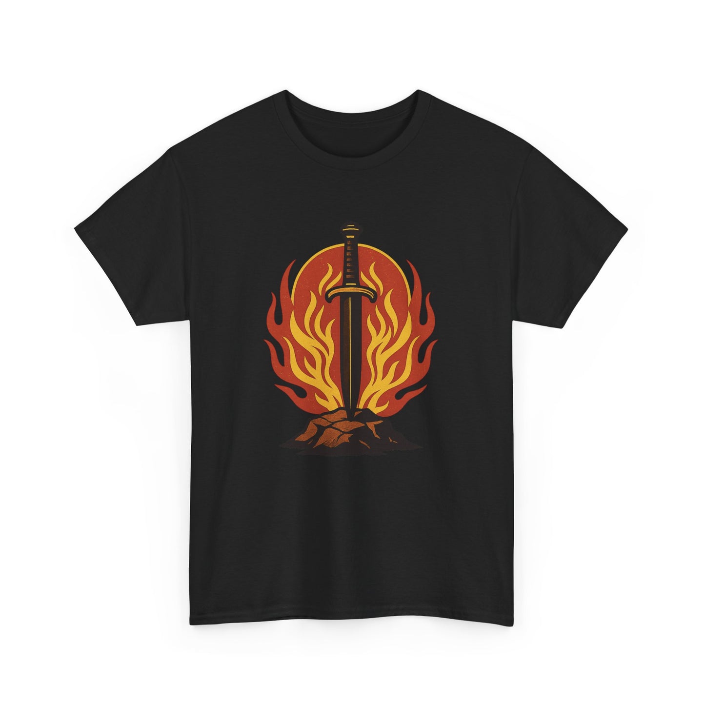 Firebrand Blade T-Shirt – Flaming Sword Graphic Tee – Symbolic Warrior Shirt for Men & Women – Tactical Minimalist Design