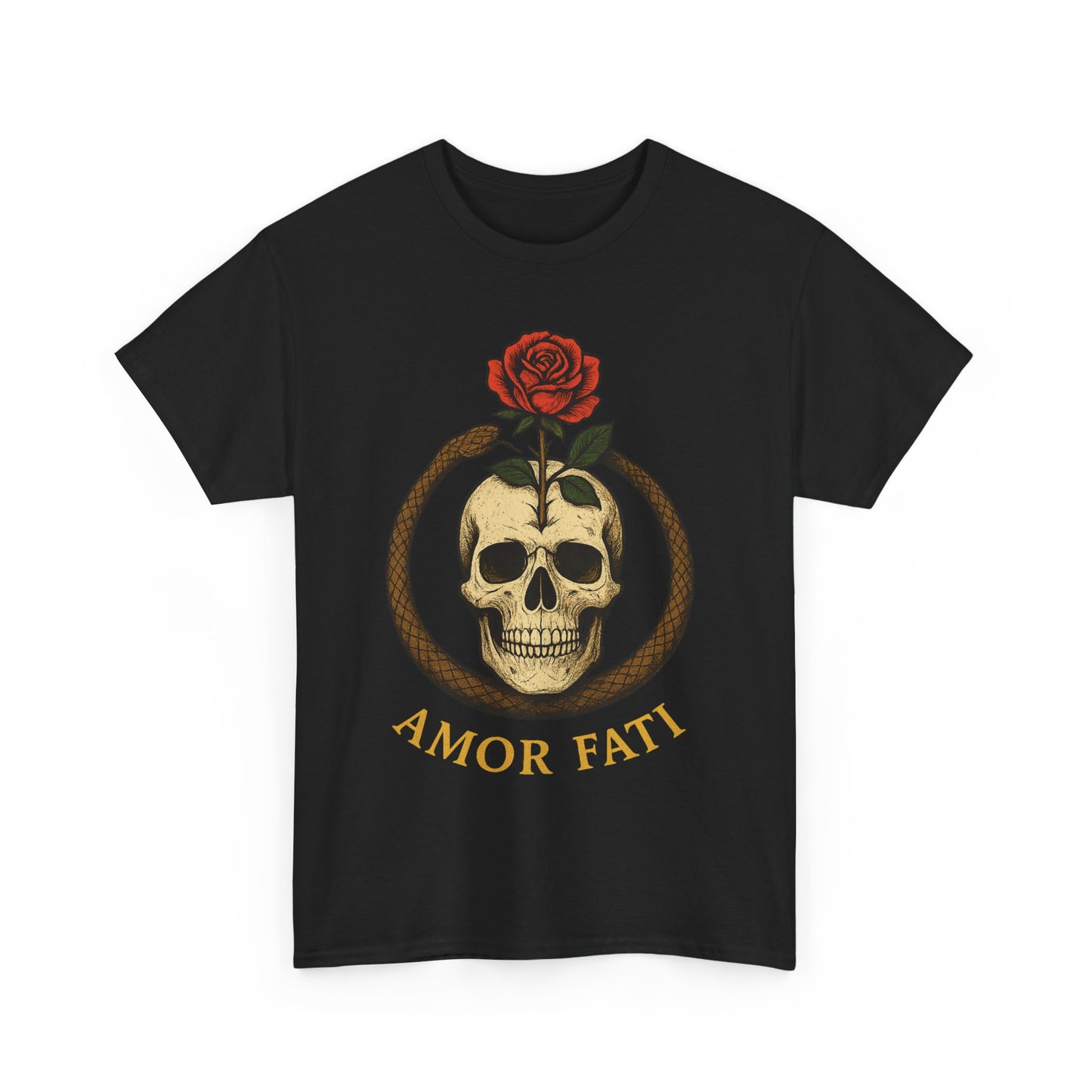 Amor Fati Skull T-Shirt – Stoic Symbol Ouroboros Rose Design Tee – Memento Mori Shirt for Philosophy & Purpose