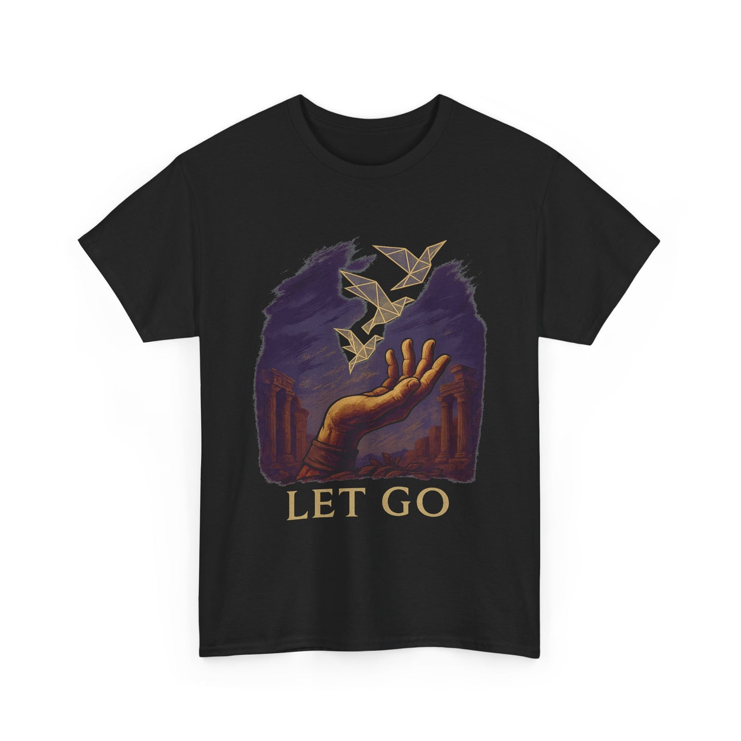 Let Go Stoic Flight T-Shirt – Minimalist Hand and Origami Bird Tee – Ancient Ruins Graphic Shirt for Men & Thinkers