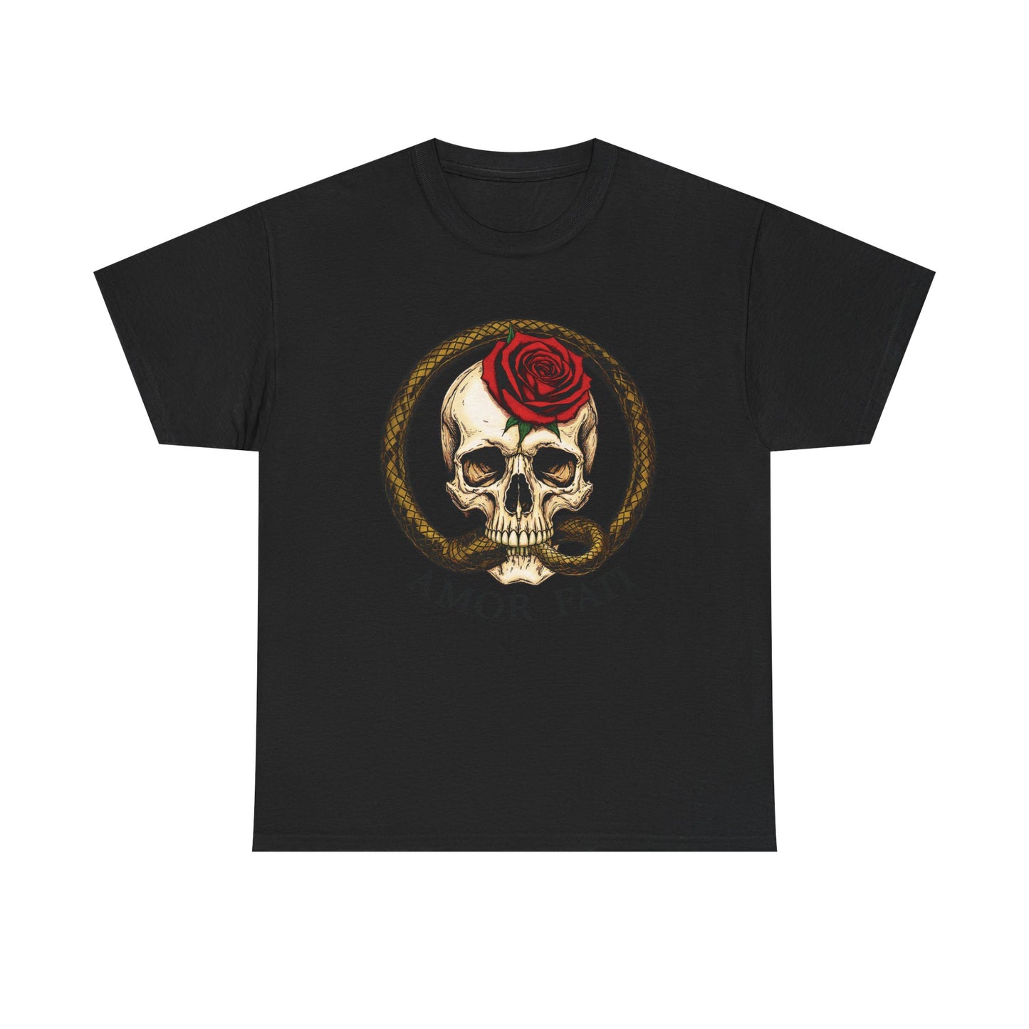 Amor Fati T-Shirt – Skull with Rose & Ouroboros Snake Graphic Tee – Memento Mori Shirt for Stoic Philosophy Fans