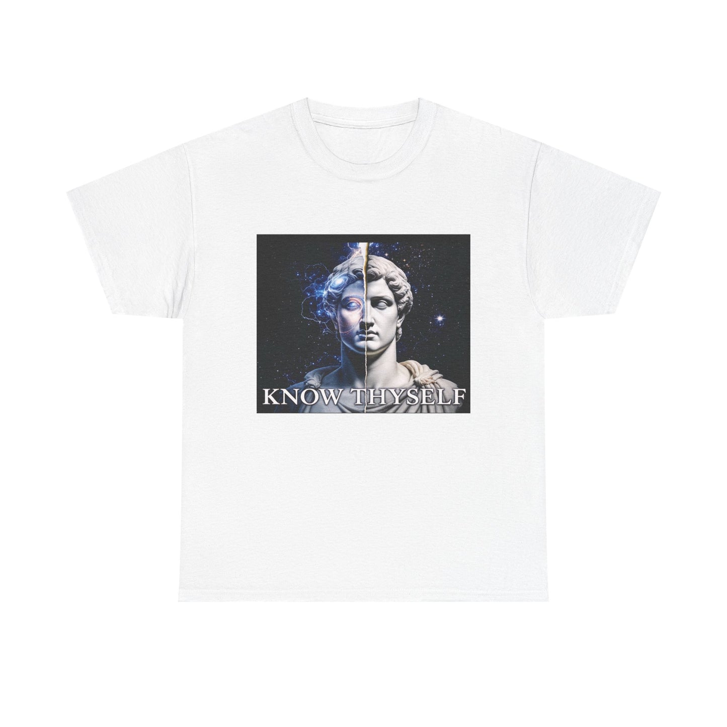 Know Thyself Duality T-Shirt – Split Face Statue with Cosmic Mind – Stoic Philosophy Graphic Tee