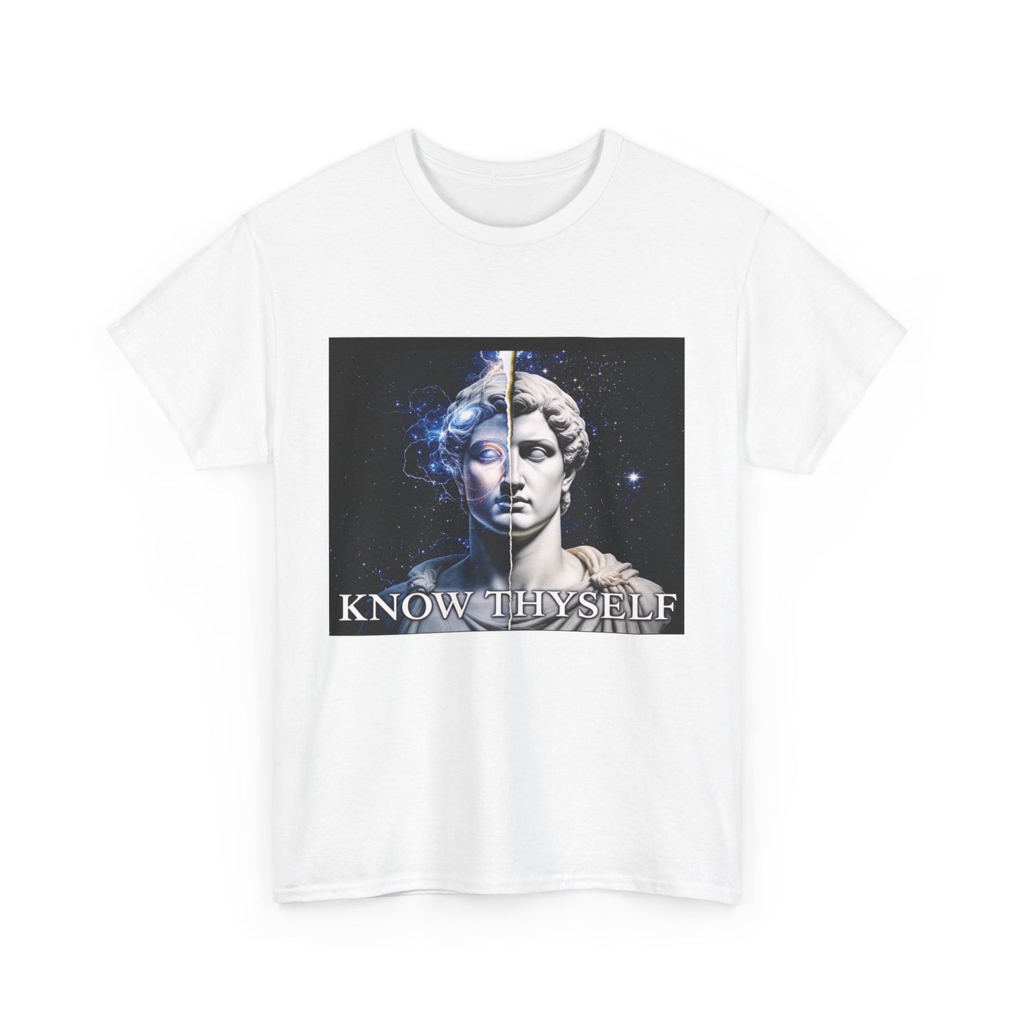 Know Thyself Duality T-Shirt – Split Face Statue with Cosmic Mind – Stoic Philosophy Graphic Tee