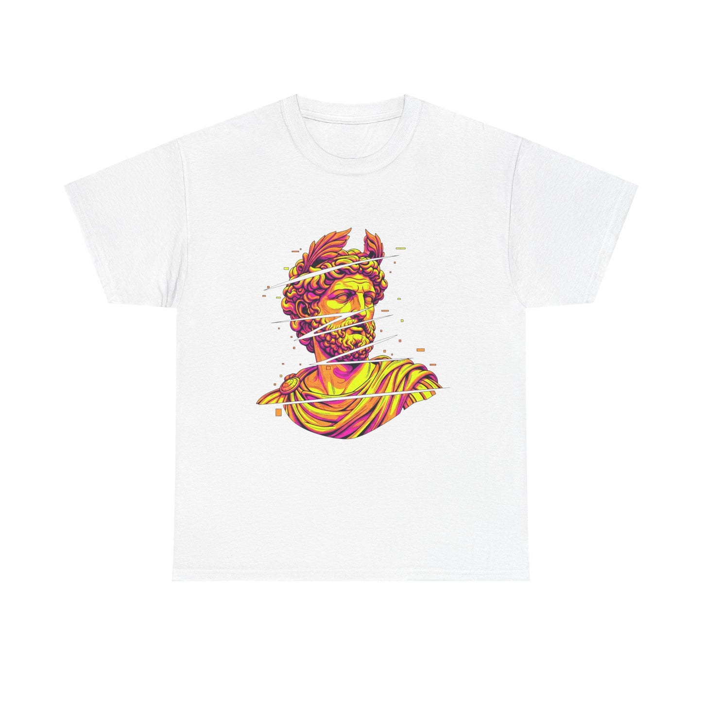 Cyber-Psychedelic Roman God T-Shirt | Glitch Art Neon Aesthetic Apparel | Unique Digital Myth Design | Vibrant Graphic Tee