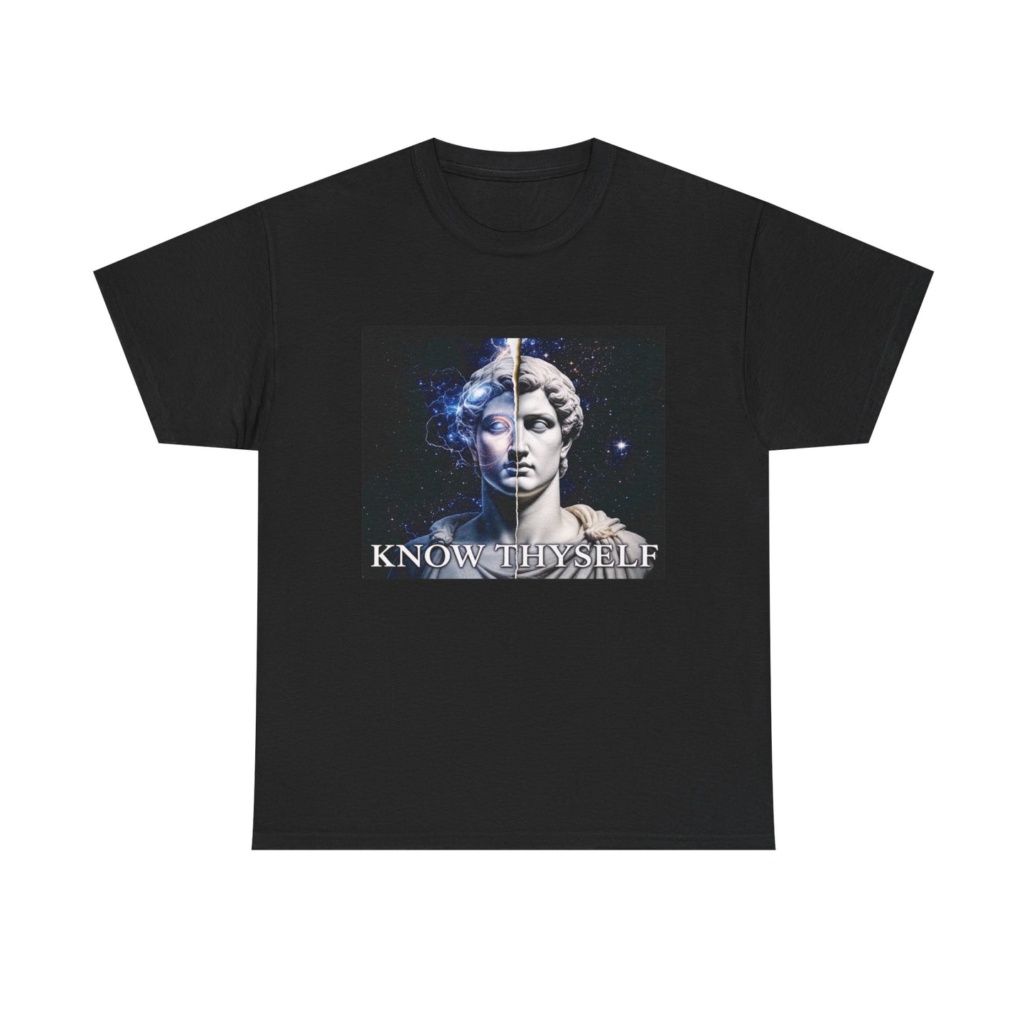 Know Thyself Duality T-Shirt – Split Face Statue with Cosmic Mind – Stoic Philosophy Graphic Tee