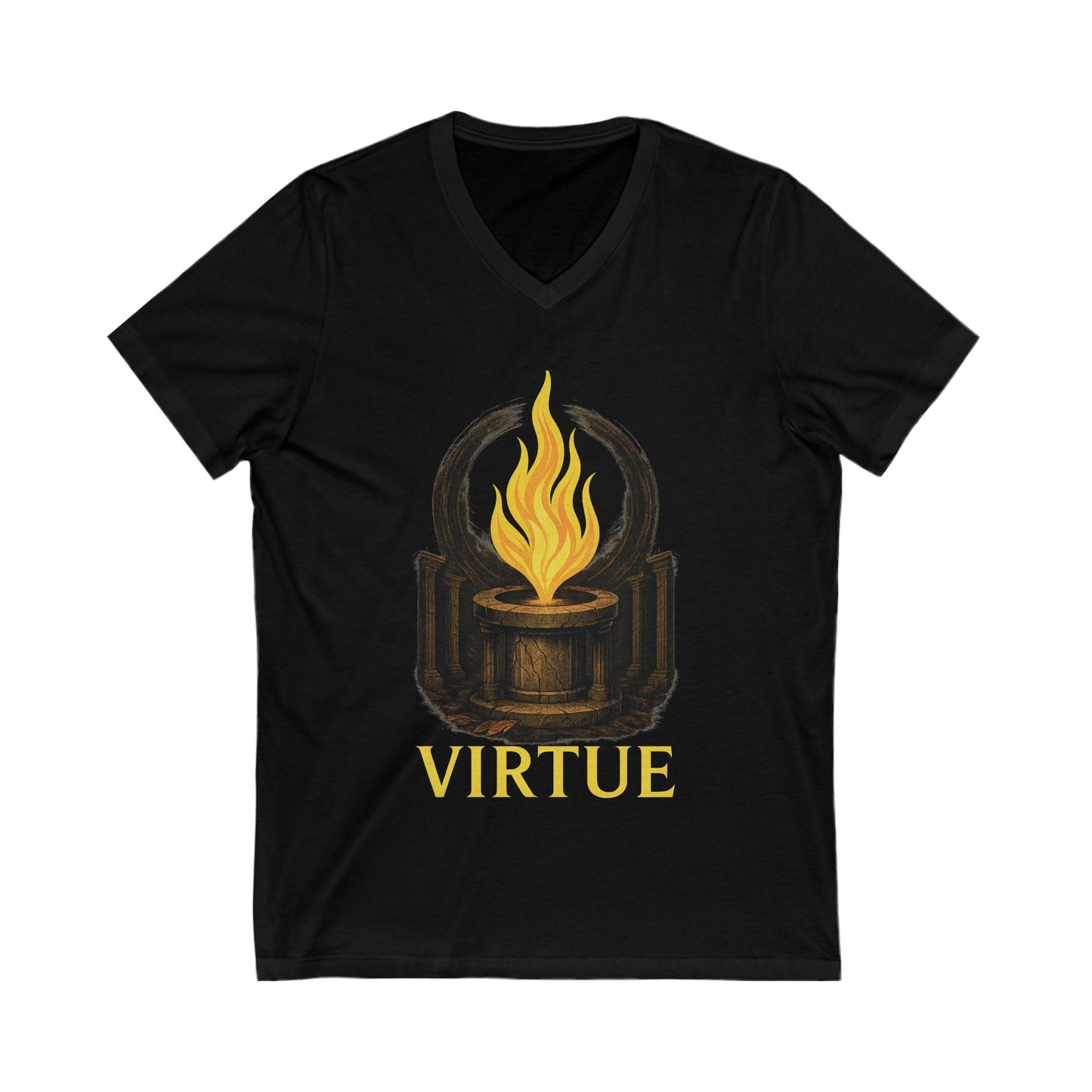 Virtue Flame V-Neck T-Shirt – Stoic Fire Symbol Shirt for Men, Roman Torch Graphic Tee, Ethical Philosophy Apparel