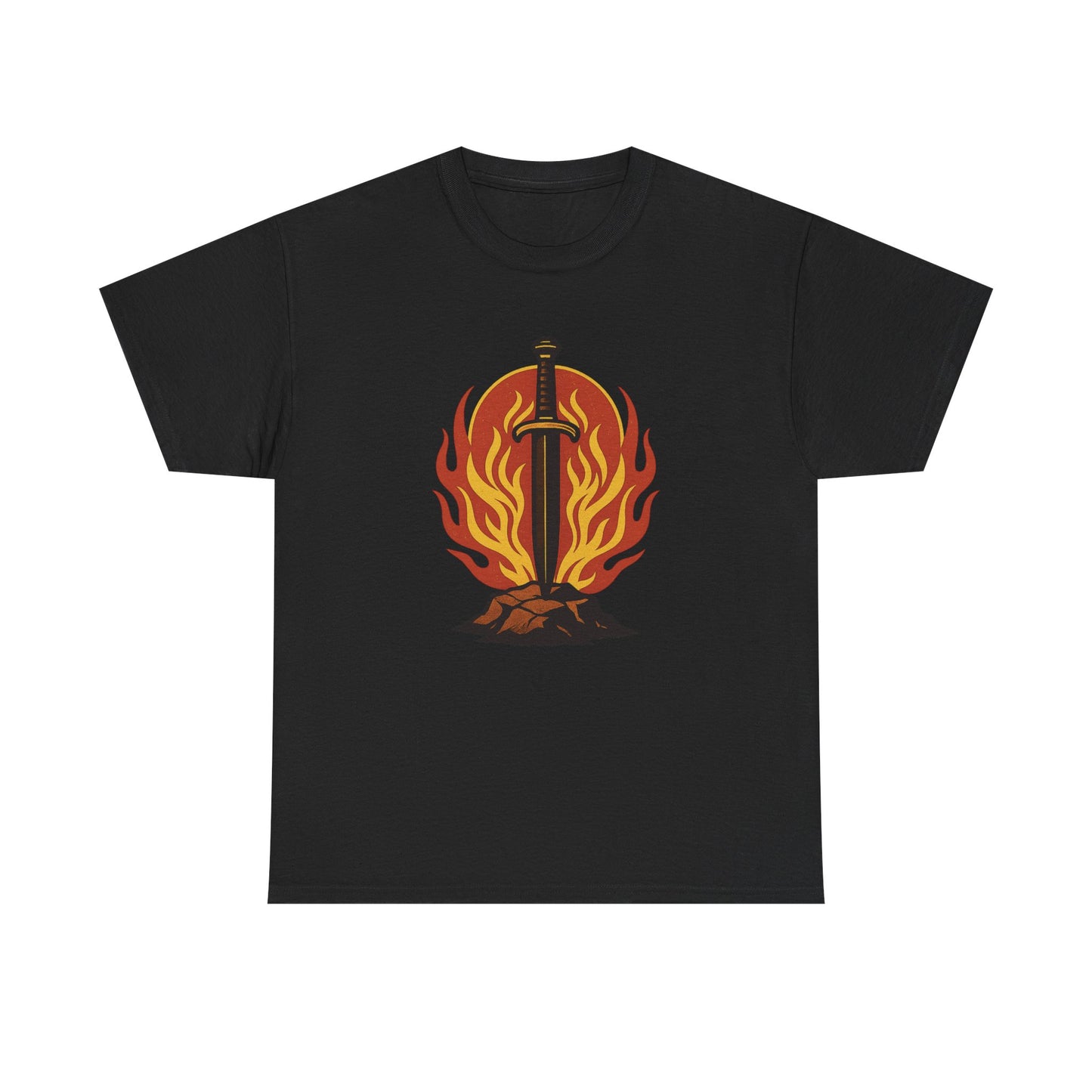 Firebrand Blade T-Shirt – Flaming Sword Graphic Tee – Symbolic Warrior Shirt for Men & Women – Tactical Minimalist Design