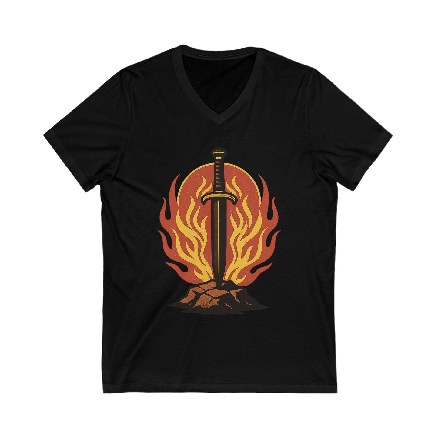 Sword of Fire V-Neck T-Shirt – Men’s Flame Blade Graphic Tee, Stoic Warrior Shirt, Power Symbol Casual Top