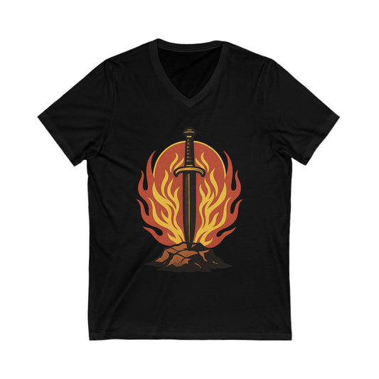 Sword of Fire V-Neck T-Shirt – Men’s Flame Blade Graphic Tee, Stoic Warrior Shirt, Power Symbol Casual Top