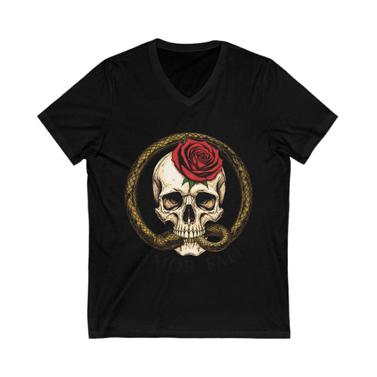 Amor Fati Skull V-Neck T-Shirt – Ouroboros Snake, Red Rose & Memento Mori Design – Stoic Philosophy Tee for Men