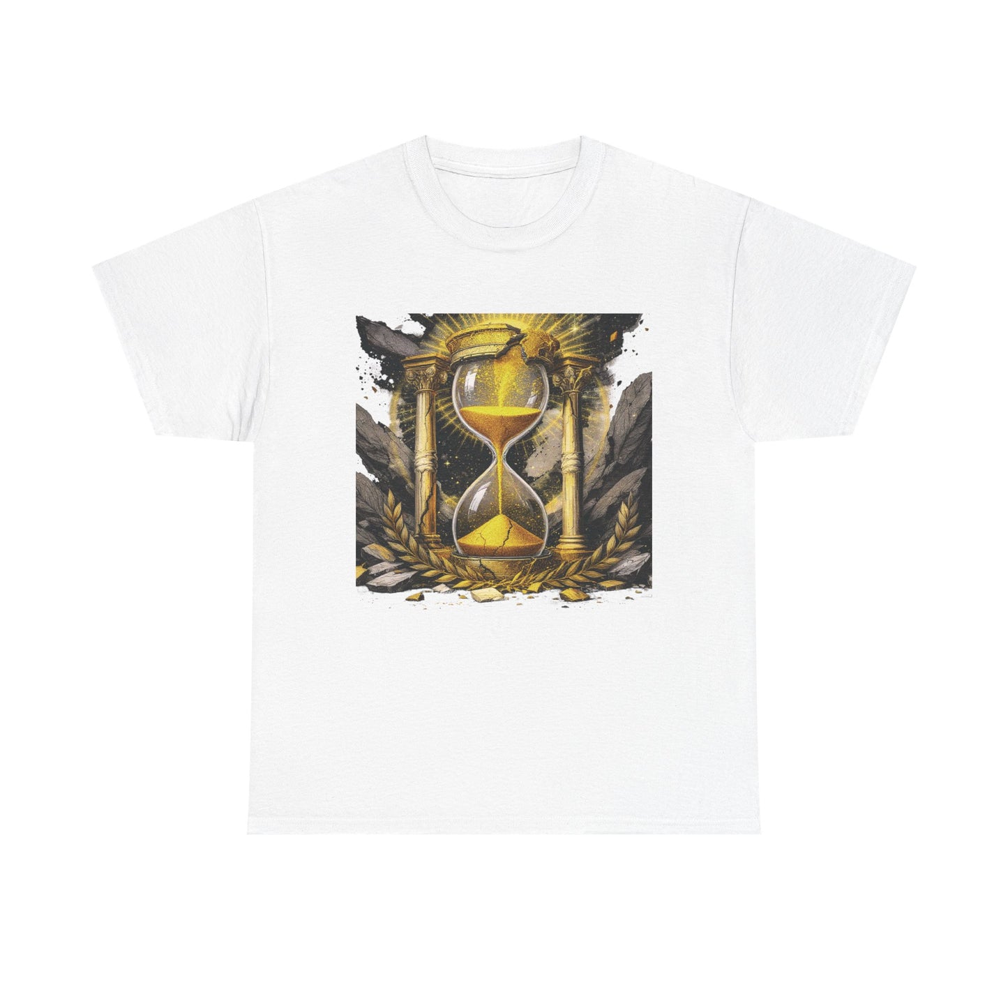 Memento Solaris T-Shirt – Golden Cracked Hourglass Tee with Laurel and Pillars for Stoic Thinkers