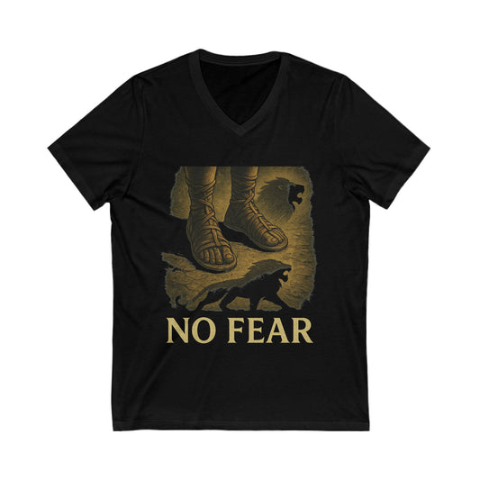 No Fear Gladiator Shadow T-Shirt – Stoic Courage Warrior Vibe Tee – Ancient Sandals with Lion Silhouette