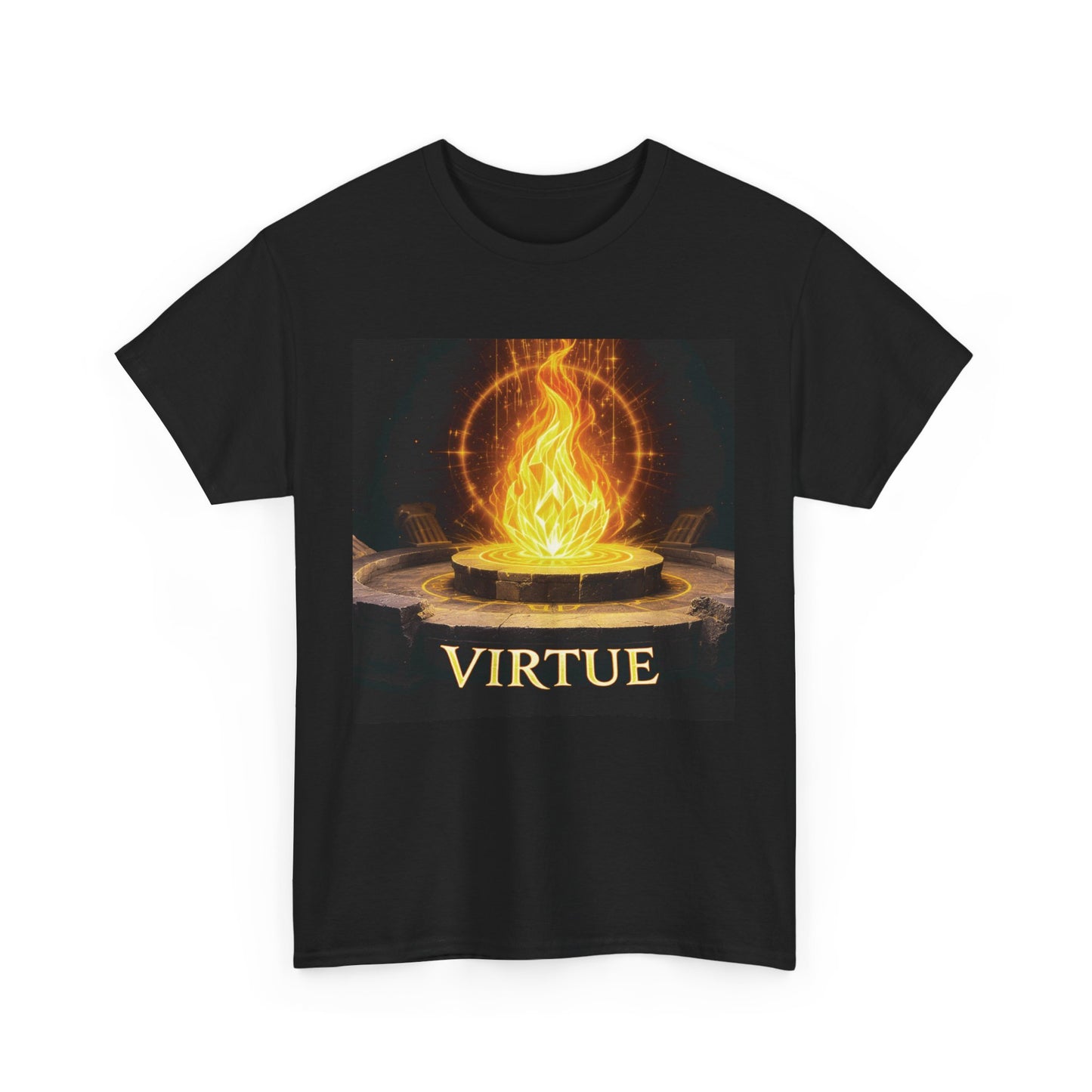 Virtue Flame Circle T-Shirt – Sacred Fire Philosophy Tee – Stoic Torch of Character Graphic Shirt for Men & Women