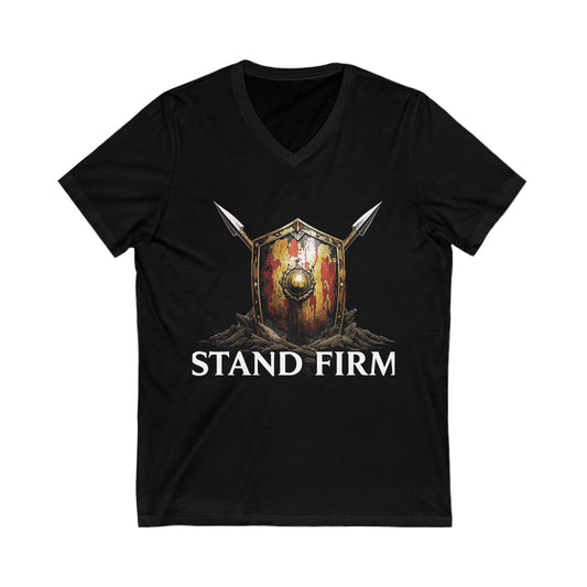 Stand Firm Shield T-Shirt – Men’s Gladiator V-Neck Tee with Spear & Shield Graphic, Stoic Warrior Apparel