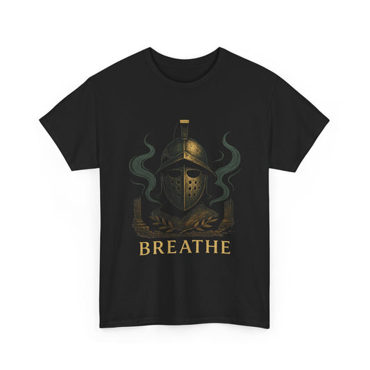 Breathe Gladiator Helmet T-Shirt – Stoic Mindfulness Tee for Men with Roman Warrior Design