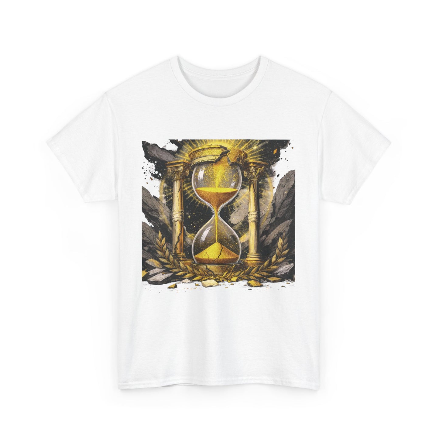 Memento Solaris T-Shirt – Golden Cracked Hourglass Tee with Laurel and Pillars for Stoic Thinkers