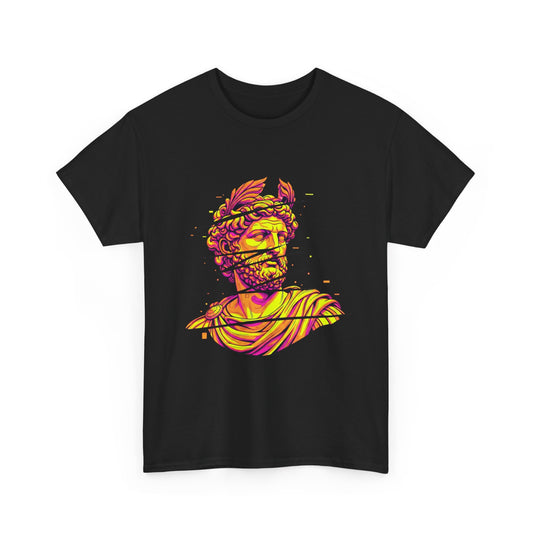 Cyber-Psychedelic Roman God T-Shirt | Glitch Art Neon Aesthetic Apparel | Unique Digital Myth Design | Vibrant Graphic Tee