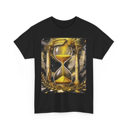 Memento Solaris T-Shirt – Golden Cracked Hourglass Tee with Laurel and Pillars for Stoic Thinkers