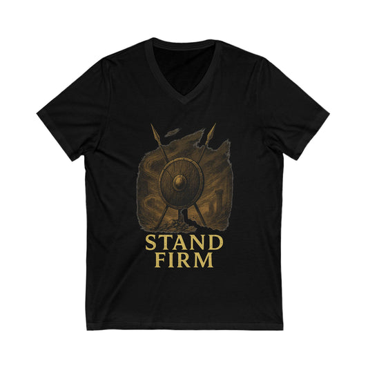 Stand Firm Spear & Shield V-Neck T-Shirt – Stoic Gladiator Tee for Men, Warrior Graphic Shirt, Inspirational Apparel