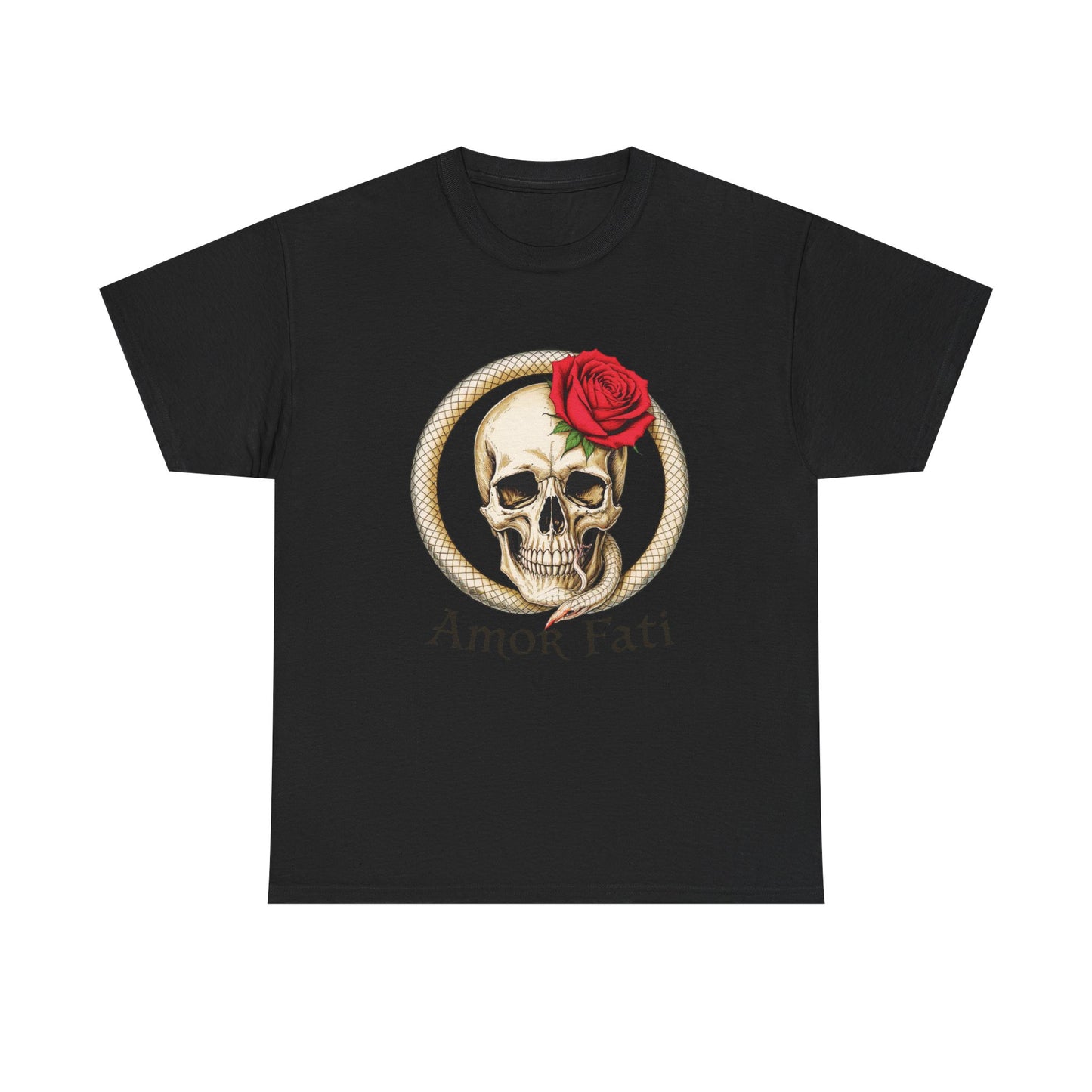 Amor Fati Skull & Rose T-Shirt – Ouroboros Snake Symbol Tee – Stoic Philosophy Graphic Shirt for Men & Women