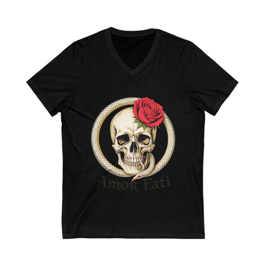 Amor Fati Skull T-Shirt – Stoic V-Neck Tee with Ouroboros Snake & Red Rose, Memento Mori Philosophy Shirt