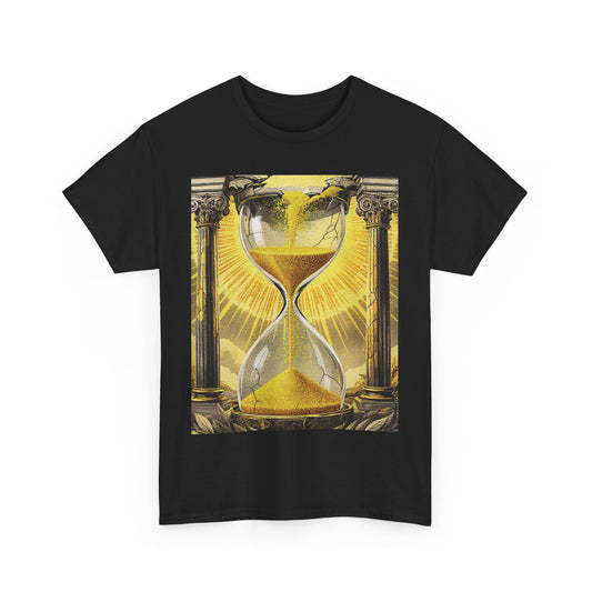 Eternal Sands T-Shirt – Golden Hourglass & Ancient Pillars Graphic Tee for Stoic Minimalist Style