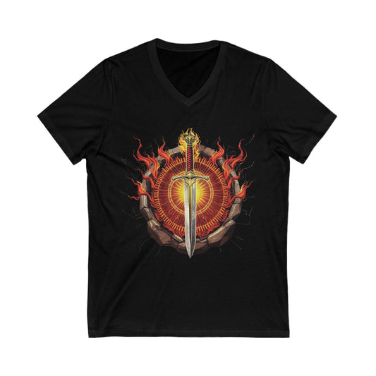 Flamebound Sword V-Neck T-Shirt – Men’s Stoic Warrior Tee, Fire and Blade Symbol Shirt, Fantasy Battle Graphic Top