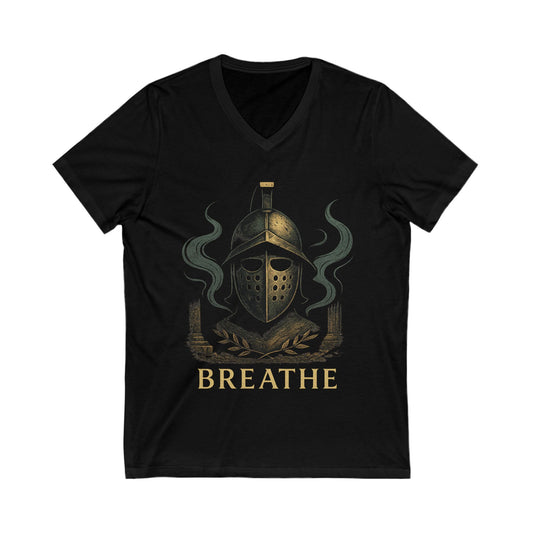 BREATHE Gladiator Helmet V-Neck T-Shirt – Stoic Warrior Graphic Tee for Men, Mindfulness Shirt, Ancient Rome Aesthetic