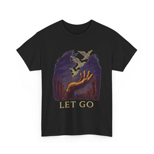 Let Go Stoic Flight T-Shirt – Minimalist Hand and Origami Bird Tee – Ancient Ruins Graphic Shirt for Men & Thinkers