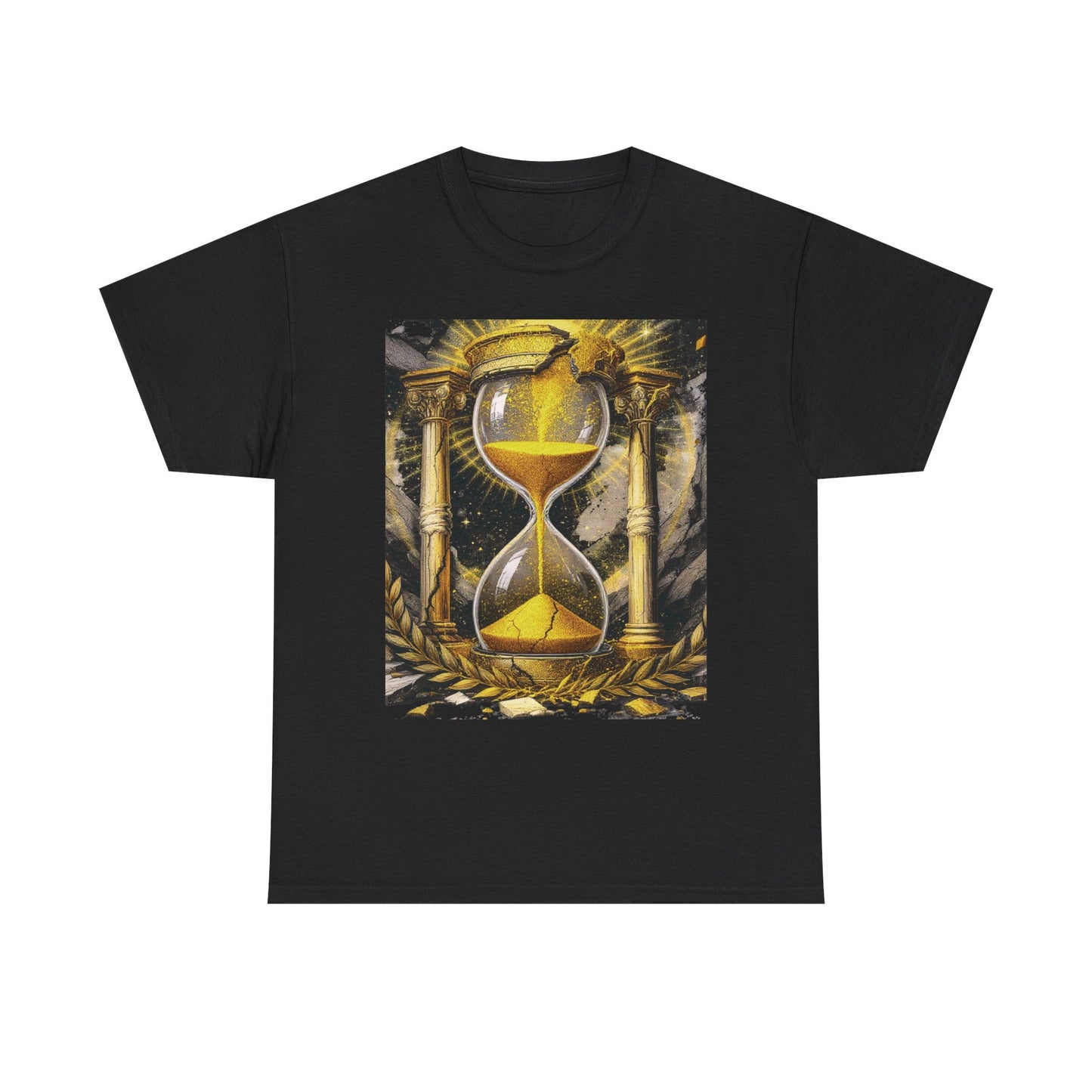 Memento Solaris T-Shirt – Golden Cracked Hourglass Tee with Laurel and Pillars for Stoic Thinkers