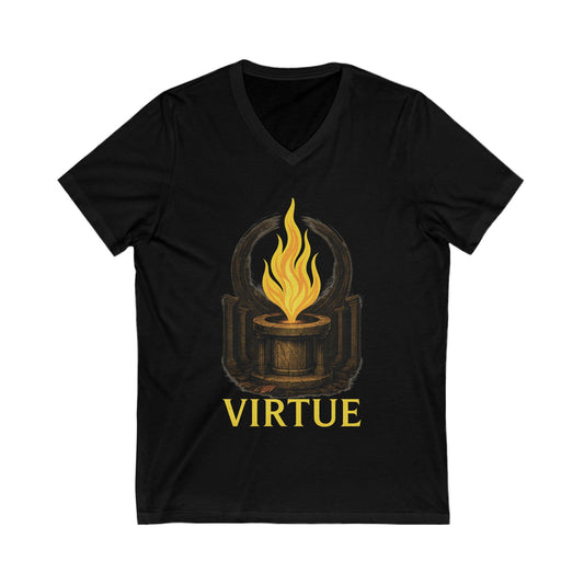 Virtue Flame V-Neck T-Shirt – Stoic Fire Symbol Shirt for Men, Roman Torch Graphic Tee, Ethical Philosophy Apparel
